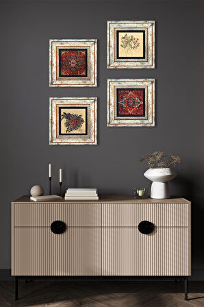 Desen, Vintage Çiçek Taş Duvar Tablosu Çerçeveli Duvar Dekoru 4 Parça Tablo Seti Wall Art