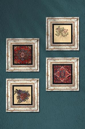 Desen, Vintage Çiçek Taş Duvar Tablosu Çerçeveli Duvar Dekoru 4 Parça Tablo Seti Wall Art