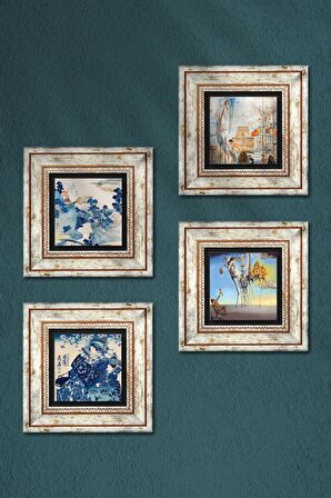 Salvador Dalí, Japon Sanatı, Fuji Dağı Taş Duvar Tablosu Çerçeveli Duvar Dekoru 4 Parça Tablo Seti Wall Art