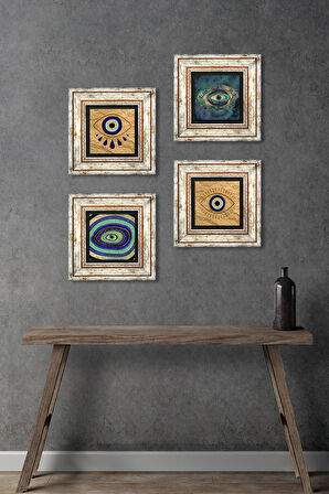 Nazar Taş Duvar Tablosu Çerçeveli Duvar Dekoru 4 Parça Tablo Seti Wall Art