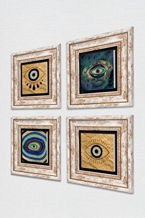 Nazar Taş Duvar Tablosu Çerçeveli Duvar Dekoru 4 Parça Tablo Seti Wall Art