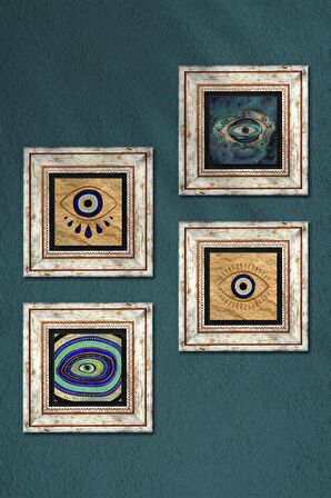 Nazar Taş Duvar Tablosu Çerçeveli Duvar Dekoru 4 Parça Tablo Seti Wall Art