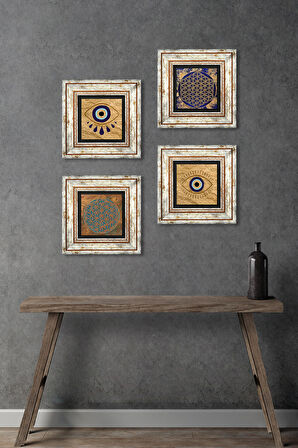 Nazar, Yaşam Çiçeği Taş Duvar Tablosu Çerçeveli Duvar Dekoru 4 Parça Tablo Seti Wall Art