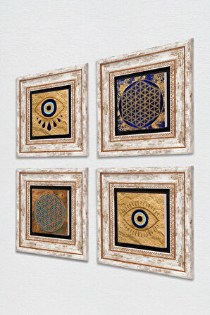 Nazar, Yaşam Çiçeği Taş Duvar Tablosu Çerçeveli Duvar Dekoru 4 Parça Tablo Seti Wall Art