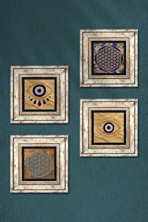 Nazar, Yaşam Çiçeği Taş Duvar Tablosu Çerçeveli Duvar Dekoru 4 Parça Tablo Seti Wall Art