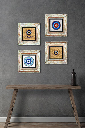 Nazar Taş Duvar Tablosu Çerçeveli Duvar Dekoru 4 Parça Tablo Seti Wall Art
