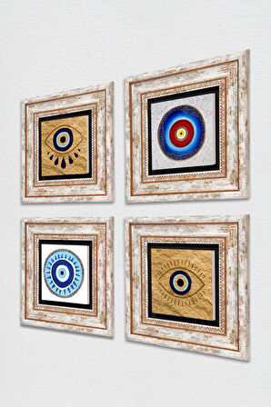 Nazar Taş Duvar Tablosu Çerçeveli Duvar Dekoru 4 Parça Tablo Seti Wall Art