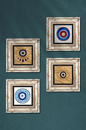 Nazar Taş Duvar Tablosu Çerçeveli Duvar Dekoru 4 Parça Tablo Seti Wall Art