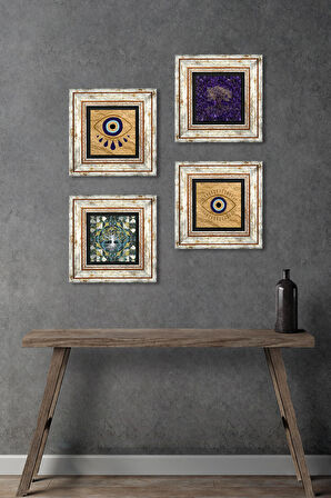 Nazar, Hayat Ağacı Taş Duvar Tablosu Çerçeveli Duvar Dekoru 4 Parça Tablo Seti Wall Art