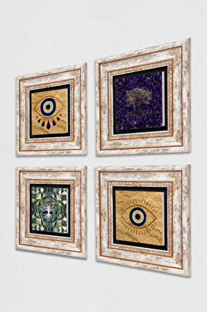 Nazar, Hayat Ağacı Taş Duvar Tablosu Çerçeveli Duvar Dekoru 4 Parça Tablo Seti Wall Art