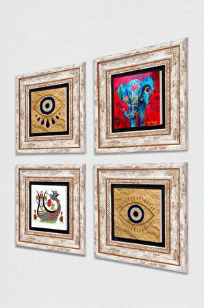 Nazar, Fil, Şahmeran Taş Duvar Tablosu Çerçeveli Duvar Dekoru 4 Parça Tablo Seti Wall Art