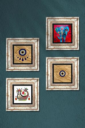 Nazar, Fil, Şahmeran Taş Duvar Tablosu Çerçeveli Duvar Dekoru 4 Parça Tablo Seti Wall Art