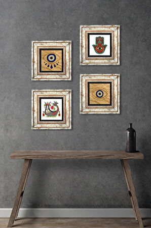 Nazar, Fatma Ana Eli (Hamsa), Şahmeran Taş Duvar Tablosu Çerçeveli Duvar Dekoru 4 Parça Tablo Seti Wall Art