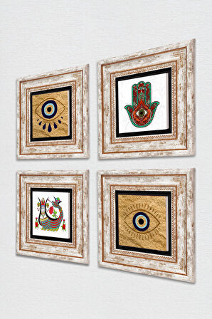 Nazar, Fatma Ana Eli (Hamsa), Şahmeran Taş Duvar Tablosu Çerçeveli Duvar Dekoru 4 Parça Tablo Seti Wall Art