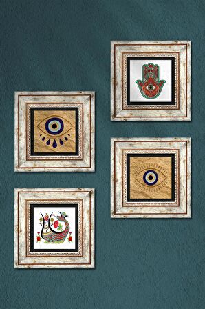 Nazar, Fatma Ana Eli (Hamsa), Şahmeran Taş Duvar Tablosu Çerçeveli Duvar Dekoru 4 Parça Tablo Seti Wall Art