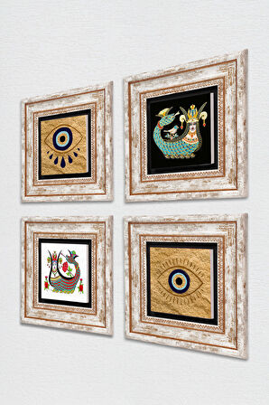 Nazar, Şahmeran Taş Duvar Tablosu Çerçeveli Duvar Dekoru 4 Parça Tablo Seti Wall Art