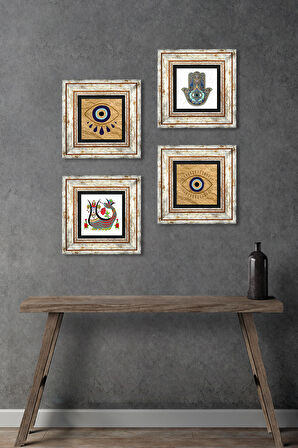Nazar, Şahmeran, Fatma Ana Eli (Hamsa) Taş Duvar Tablosu Çerçeveli Duvar Dekoru 4 Parça Tablo Seti Wall Art