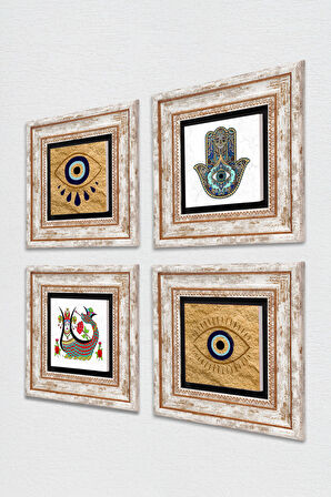 Nazar, Şahmeran, Fatma Ana Eli (Hamsa) Taş Duvar Tablosu Çerçeveli Duvar Dekoru 4 Parça Tablo Seti Wall Art