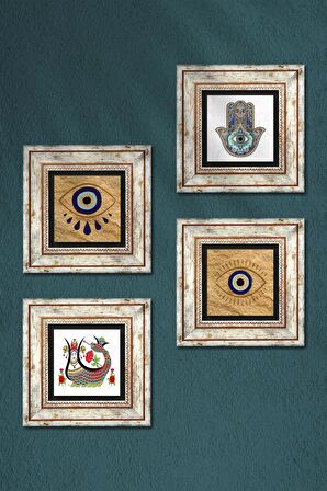 Nazar, Şahmeran, Fatma Ana Eli (Hamsa) Taş Duvar Tablosu Çerçeveli Duvar Dekoru 4 Parça Tablo Seti Wall Art