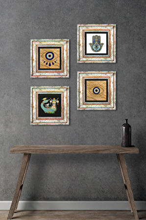 Nazar, Şahmeran, Fatma Ana Eli (Hamsa) Taş Duvar Tablosu Çerçeveli Duvar Dekoru 4 Parça Tablo Seti Wall Art