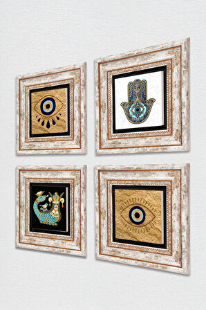 Nazar, Şahmeran, Fatma Ana Eli (Hamsa) Taş Duvar Tablosu Çerçeveli Duvar Dekoru 4 Parça Tablo Seti Wall Art