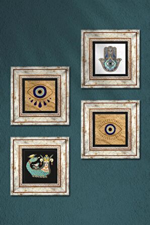 Nazar, Şahmeran, Fatma Ana Eli (Hamsa) Taş Duvar Tablosu Çerçeveli Duvar Dekoru 4 Parça Tablo Seti Wall Art