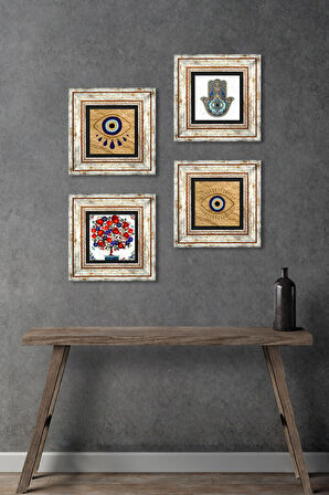 Nazar, Nar Ağacı, Fatma Ana Eli (Hamsa) Taş Duvar Tablosu Çerçeveli Duvar Dekoru 4 Parça Tablo Seti Wall Art
