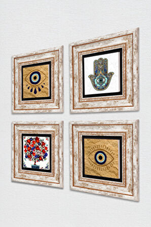 Nazar, Nar Ağacı, Fatma Ana Eli (Hamsa) Taş Duvar Tablosu Çerçeveli Duvar Dekoru 4 Parça Tablo Seti Wall Art