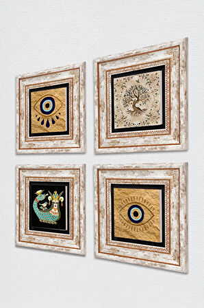 Nazar, Şahmeran, Hayat Ağacı Taş Duvar Tablosu Çerçeveli Duvar Dekoru 4 Parça Tablo Seti Wall Art