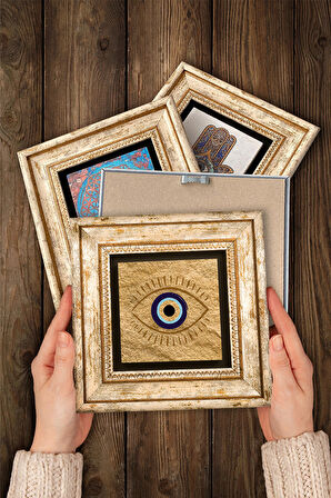 Nazar, Şahmeran, Hayat Ağacı Taş Duvar Tablosu Çerçeveli Duvar Dekoru 4 Parça Tablo Seti Wall Art