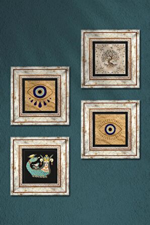 Nazar, Şahmeran, Hayat Ağacı Taş Duvar Tablosu Çerçeveli Duvar Dekoru 4 Parça Tablo Seti Wall Art