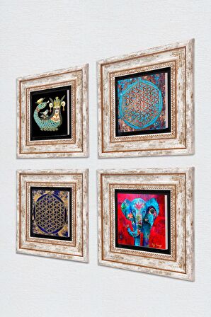 Fil, Yaşam Çiçeği, Şahmeran Taş Duvar Tablosu Çerçeveli Duvar Dekoru 4 Parça Tablo Seti Wall Art