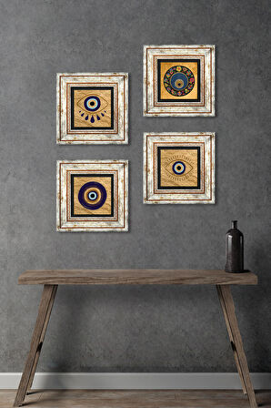 Nazar Taş Duvar Tablosu Çerçeveli Duvar Dekoru 4 Parça Tablo Seti Wall Art