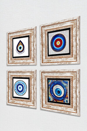 Nazar Taş Duvar Tablosu Çerçeveli Duvar Dekoru 4 Parça Tablo Seti Wall Art