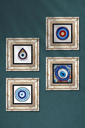 Nazar Taş Duvar Tablosu Çerçeveli Duvar Dekoru 4 Parça Tablo Seti Wall Art