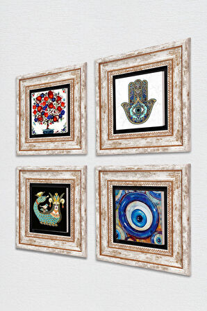 Nazar, Şahmeran, Nar Ağacı, Fatma Ana Eli (Hamsa) Taş Duvar Tablosu Çerçeveli Duvar Dekoru 4 Parça Tablo Seti Wall Art