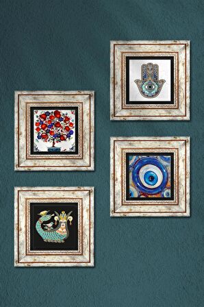 Nazar, Şahmeran, Nar Ağacı, Fatma Ana Eli (Hamsa) Taş Duvar Tablosu Çerçeveli Duvar Dekoru 4 Parça Tablo Seti Wall Art