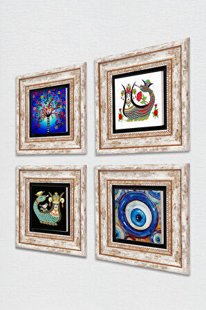 Nazar, Hayat Ağacı, Şahmeran Taş Duvar Tablosu Çerçeveli Duvar Dekoru 4 Parça Tablo Seti Wall Art