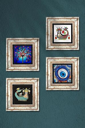 Nazar, Hayat Ağacı, Şahmeran Taş Duvar Tablosu Çerçeveli Duvar Dekoru 4 Parça Tablo Seti Wall Art