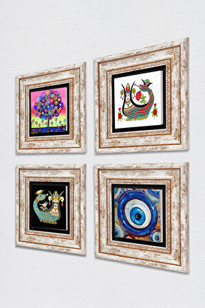 Nazar, Hayat Ağacı, Şahmeran Taş Duvar Tablosu Çerçeveli Duvar Dekoru 4 Parça Tablo Seti Wall Art