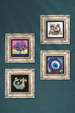 Nazar, Hayat Ağacı, Şahmeran Taş Duvar Tablosu Çerçeveli Duvar Dekoru 4 Parça Tablo Seti Wall Art