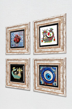 Nazar, Şahmeran, Nar Taş Duvar Tablosu Çerçeveli Duvar Dekoru 4 Parça Tablo Seti Wall Art