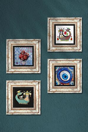 Nazar, Şahmeran, Nar Taş Duvar Tablosu Çerçeveli Duvar Dekoru 4 Parça Tablo Seti Wall Art