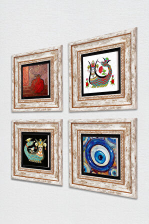 Nazar, Nar, Şahmeran Taş Duvar Tablosu Çerçeveli Duvar Dekoru 4 Parça Tablo Seti Wall Art