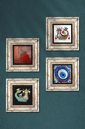 Nazar, Nar, Şahmeran Taş Duvar Tablosu Çerçeveli Duvar Dekoru 4 Parça Tablo Seti Wall Art