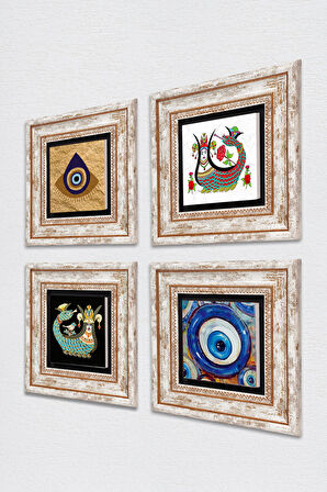 Nazar, Şahmeran Taş Duvar Tablosu Çerçeveli Duvar Dekoru 4 Parça Tablo Seti Wall Art