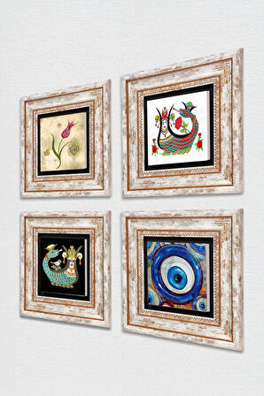 Nazar, Lale, Şahmeran Taş Duvar Tablosu Çerçeveli Duvar Dekoru 4 Parça Tablo Seti Wall Art