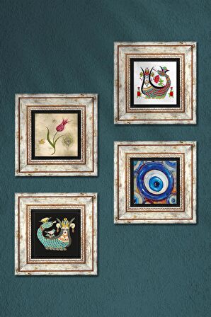 Nazar, Lale, Şahmeran Taş Duvar Tablosu Çerçeveli Duvar Dekoru 4 Parça Tablo Seti Wall Art