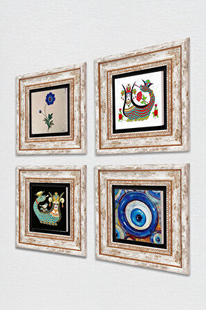 Nazar, Ebru Sanatı, Şahmeran Taş Duvar Tablosu Çerçeveli Duvar Dekoru 4 Parça Tablo Seti Wall Art