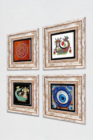 Nazar, Mandala, Şahmeran Taş Duvar Tablosu Çerçeveli Duvar Dekoru 4 Parça Tablo Seti Wall Art